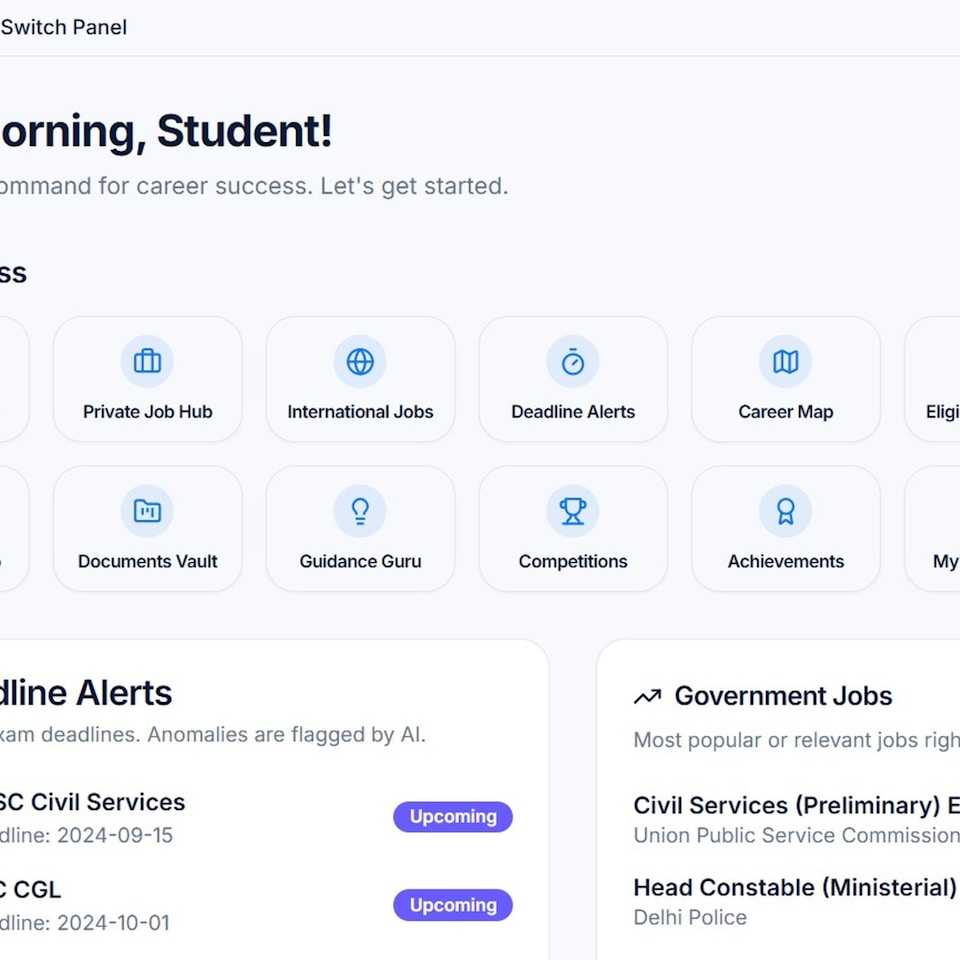 Student dashboard on screen with alerts, quick access, and education portal interface